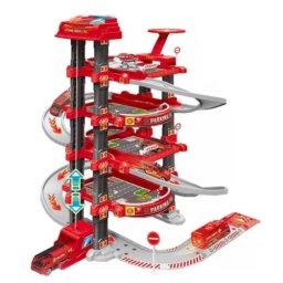 Set parcare pompieri de jucarie cu lift, lumini si covoras oras, 78 piese