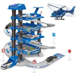 Set parcare politie de jucarie cu lift, lumini si covoras oras, 82 piese