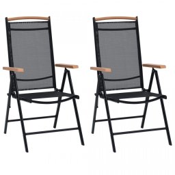 Scaune pliante de grădină, 2 buc., negru, aluminiu & textilenă