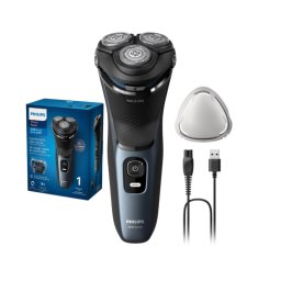 Aparat de ras PHILIPS Shaver Seria 3000 S3144/00, Barbierit umed şi uscat, Fara fir, Capete 5D pivotante si flexibile, Lame autoascutire, 60 min, Capac de protectie, Albastru intens, L x A x I (mm) 140x80x190