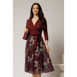Rochie DY Fashion midi bordo cu decolteu petrecut si fusta din voal imprimat