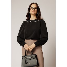 Bluza DY Fashion eleganta din triplu voal neagra cu detalii perlate la guler