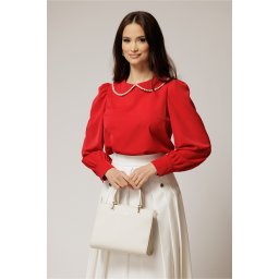 Bluza DY Fashion eleganta din triplu voal rosie cu detalii perlate la guler