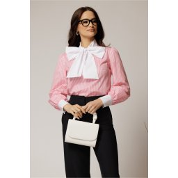 Bluza alba cu dungi roz din poplin cu esarfa tip funda la gat