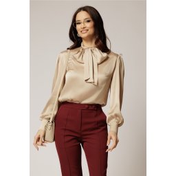 Bluza DY Fashion lejera bej din triplu voal cu guler tip esarfa