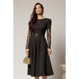 Rochie midi neagra cu maneci din dantela si cordon detasabil