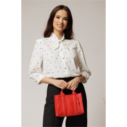 Camasa alba cu buline negre cu funda la guler si inchidere cu nasturi