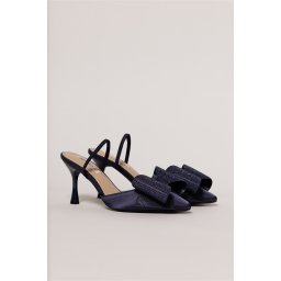 Pantofi bleumarin din material satinat cu funda maxi stralucitoare