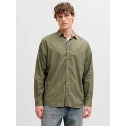 Jack & Jones Camasa barbati, Regular fit, Henry, din bumbac, Olive (SELECTATI MARIMEA: S)