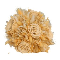 Buchet Nașă, 5 Trandafiri Criogenați și Plante Stabilizate, Nuanțe Champagne și Ivoire, 22 cm - FEIS602002