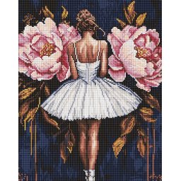 Set goblen cu diamantre, cu sasiu, Balerina cu bujori roz, 40x50 cm