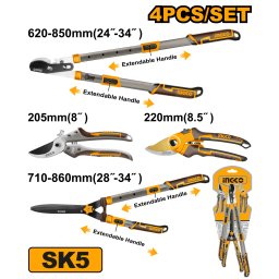 Set Foarfeci pentru Pomi INGCO, 4 Bucati, Lame SK5, Teflon, Manere Telescopice