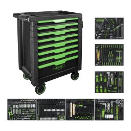 Dulap Mobil JBM 54718 cu 8 Sertare Echipat cu 289 Scule cu Finisaj din Fibra de Carbon Roti Transport Negru/Verde