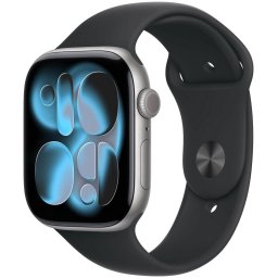 Ceas inteligent Apple Series 11, GPS, 46mm, Carcasa din aluminiu gri spatial, Curea sport neagra, Masura M/L