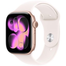 Ceas inteligent Apple Watch Series 11, GPS + Cellular, 42mm, Carcasa din aluminiu auriu-roz, Curea sport roz pal (Alb), Masura S/M