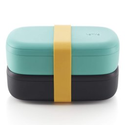 Set 2 cutii pentru alimente Lekue On The Go 1010220, 2x500 ml, Inchidere ermetica, Compartiment tacamuri, Supapa pentru cuptorul cu microunde, Turcoaz/ Negru