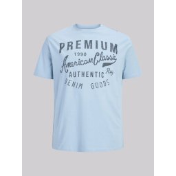 Jack & Jones Plus Tricou barbati big sizes, cu decolteu la baza gatului si imprimeu cu text, Albastru deschis (SELECTATI MARIMEA: 4XL)