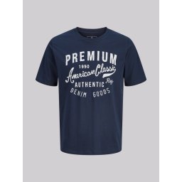 Jack & Jones Plus Tricou barbati big sizes, cu decolteu la baza gatului si imprimeu cu text, Bleumarin inchis (SELECTATI MARIMEA: 5XL)