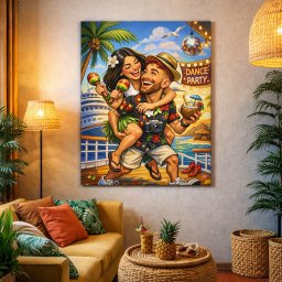 Tablou Canvas Caricatură Cuplu – Dance Party Tropical CHP2 (Dimensiune LxH: 40x50cm)