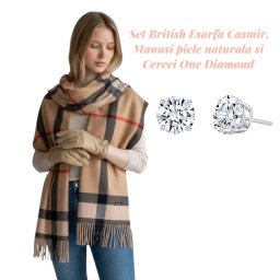 Cadou Craciun British Esarfa Casmir si Manusi Piele Naturala si Cercei One Diamonds