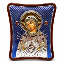 Icoana Fecioara Maria Blue cu 7 Sageti placata cu argint , cadou spiritual pentru familie - Made in Grecia - 12,5 x 15,5 cm