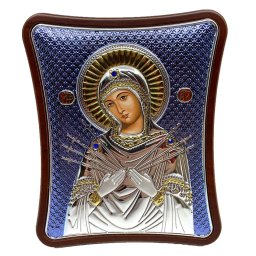 Icoana Fecioara Maria Blue cu 7 Sageti placata cu argint - Made in Grecia - 12,5 x 15,5 cm