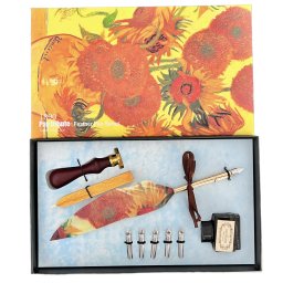 Set Caligrafie cu imprimeu Van Gogh pe cutie si pana + esarfa matase picturi