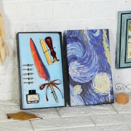 Set Caligrafie cu imprimeu Van Gogh pe cutie si pana + esarfa matase picturi