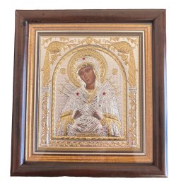 Icoana Fecioara Maria 7 Sageti placata cu argint Geam - Made in Grecia - 17 cm x 15,5 cm