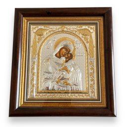 Icoana Fecioara Maria cu pruncul Iisus placata cu argint Geam - Made in Grecia - 17 cm x 15,5 cm