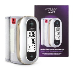 Tensiometru electronic de brat Vitammy Next 9, mufa USB, detectare aritmie, manseta integrata 23-36 cm, 120 seturi de memorie, Alb/Auriu