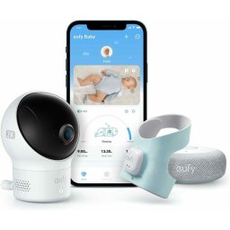 Set monitorizare bebe Smart Sock Baby Monitor S340, Camera 2K, 2.4 GHz Wi-Fi, Pan & Tilt, urmarire ritm cardiac si niveluri de oxigen din sange, detectie AI Cry, Alb