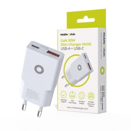 Incarcator de retea GaN Slim 1x USB-A +1x USB-C PD 30W Alb