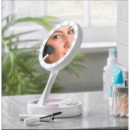 Oglinda rotunda machiaj cu iluminare LED, pliabila, 25 cm, efect de lupa, alb - JG988