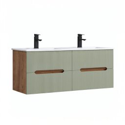 Trent 120 dulap de baie inferior cu chiuvetă ceramică (4 sertare) stejar apus de soare-olive verde