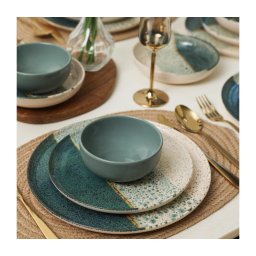 Set veselă 24 piese, turcoaz/crem, din ceramică stoneware