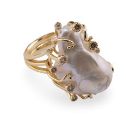 Inel reglabil auriu cu Perla de cultura si Zirconiu