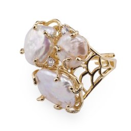 Inel reglabil auriu cu trei Perle de cultura si Zirconiu