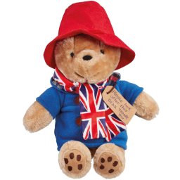Jucarie de plus ursuletul paddington cu fular union jack, 25 cm (asezat)