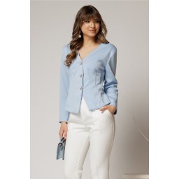 Sacou scurt bleu cambrat din jerse si inchidere cu nasturi