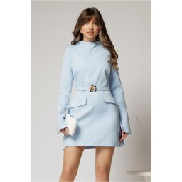 Rochie DY Fashion scurta bleu din stofa cu clapete tip buzunare si curea in talie
