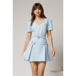 Rochie DY Fashion scurta bleu cu pliuri si decolteu in V