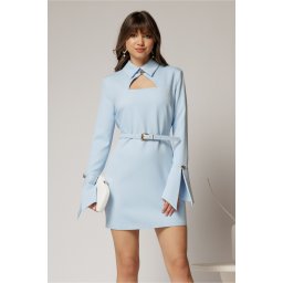 Rochie DY Fashion scurta bleu cu guler tip camasa si accesoriu