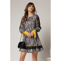 Rochie scurta zebra print din satin cu detalii galbene