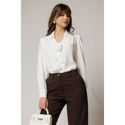 Bluza alba eleganta din voal cu decolteu V perlute si detaliu floral