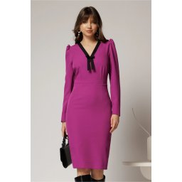 Rochie DY Fashion scurta magenta office conica cu decolteu in V si funda