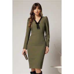 Rochie DY Fashion scurta kaki office conica cu decolteu in V si funda