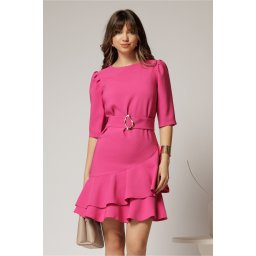 Rochie DY Fashion fucsia scurta cu volanase pe fusta si cordon detasabil