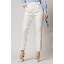 Pantaloni DY Fashion albi cu croi conic si curea in talie