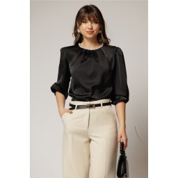 Bluza DY Fashion neagra din satin cu perle la decolteu